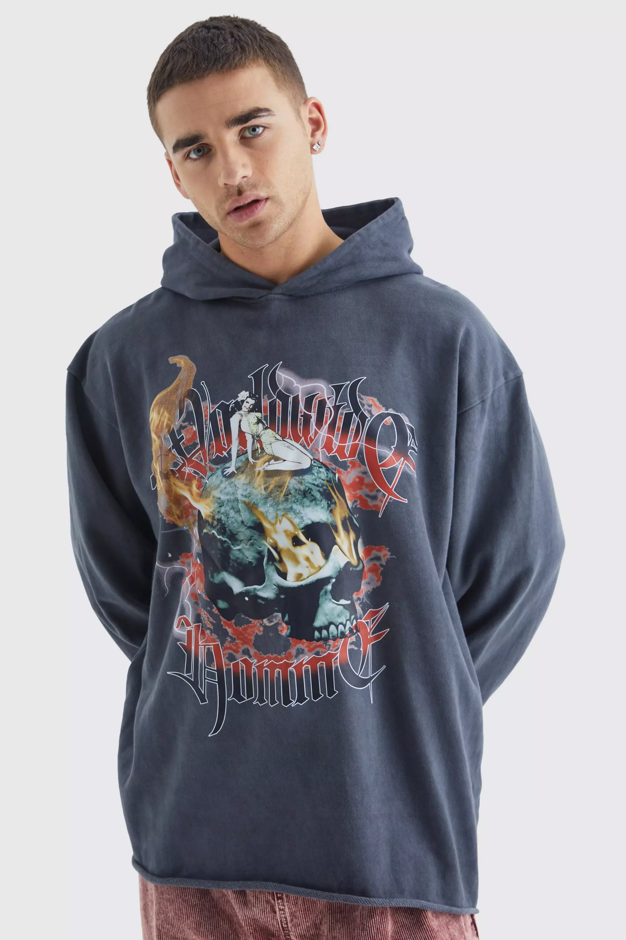 Oversized Raw Hem Washed Loopback Graphic Hoodie | boohooMAN UK