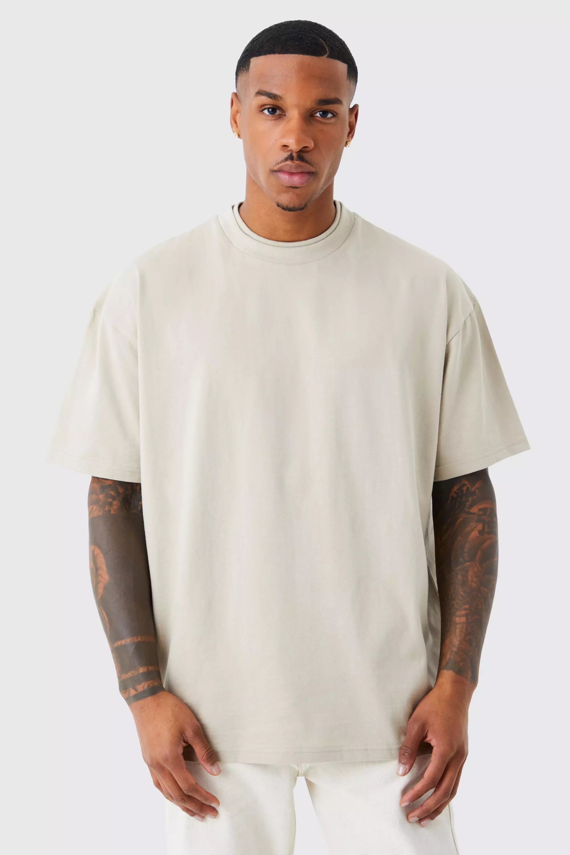 Stone Beige Oversized Extend Double Neck Heavy T-shirt