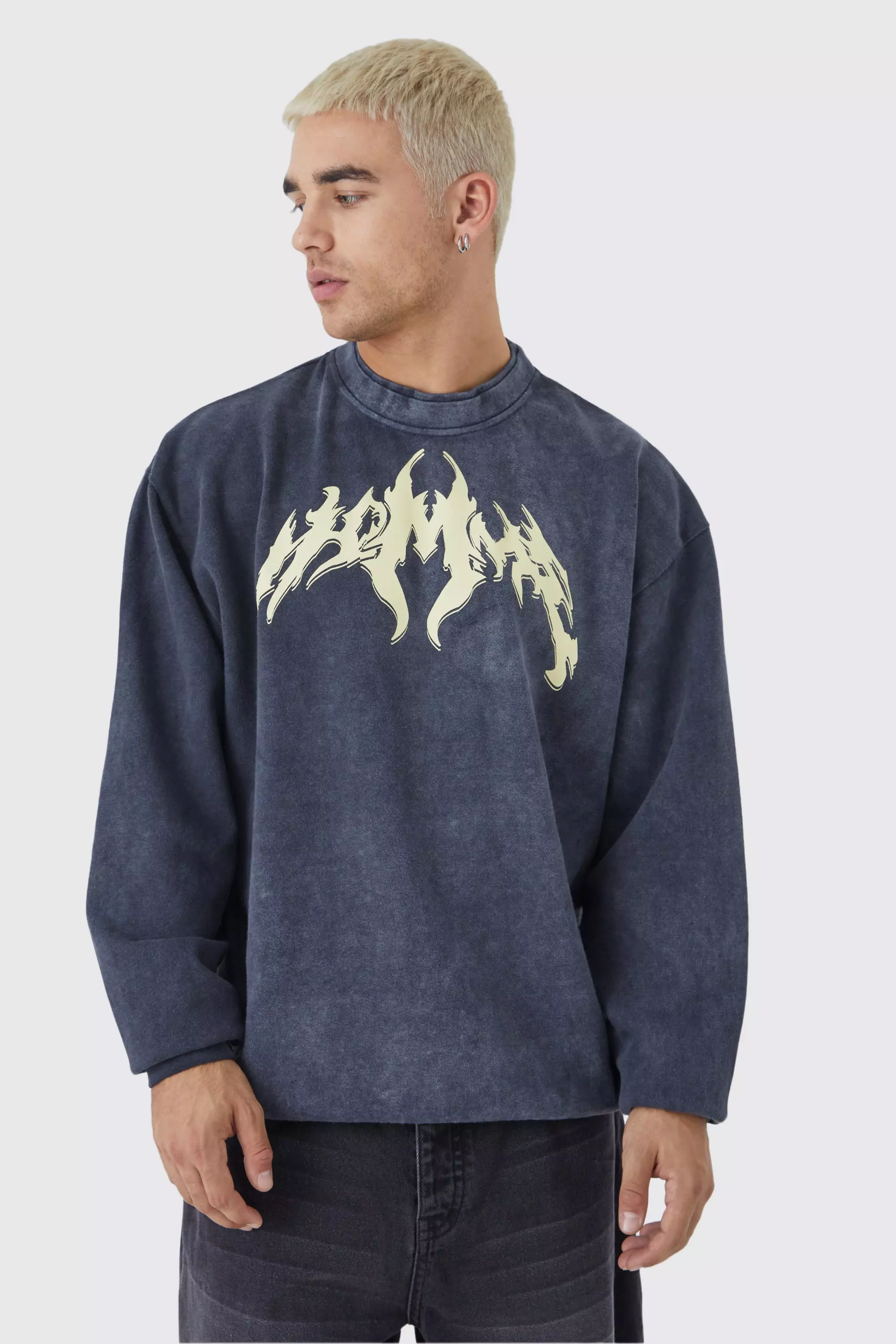 Oversized Washed Heavy Printed Sweatshirt Charcoal