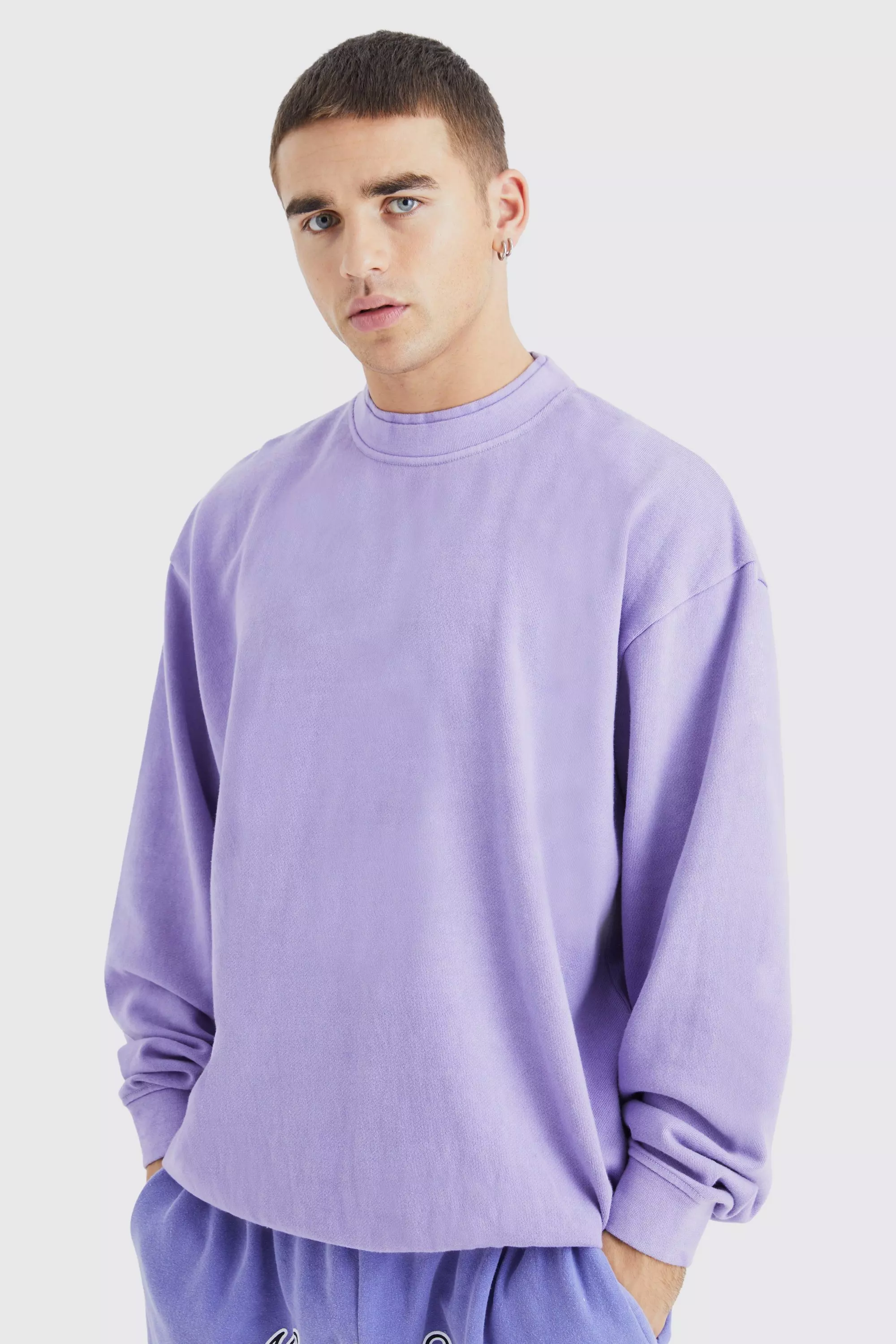 Oversized Heavy Washed Double Neck Sweatshirt Purple