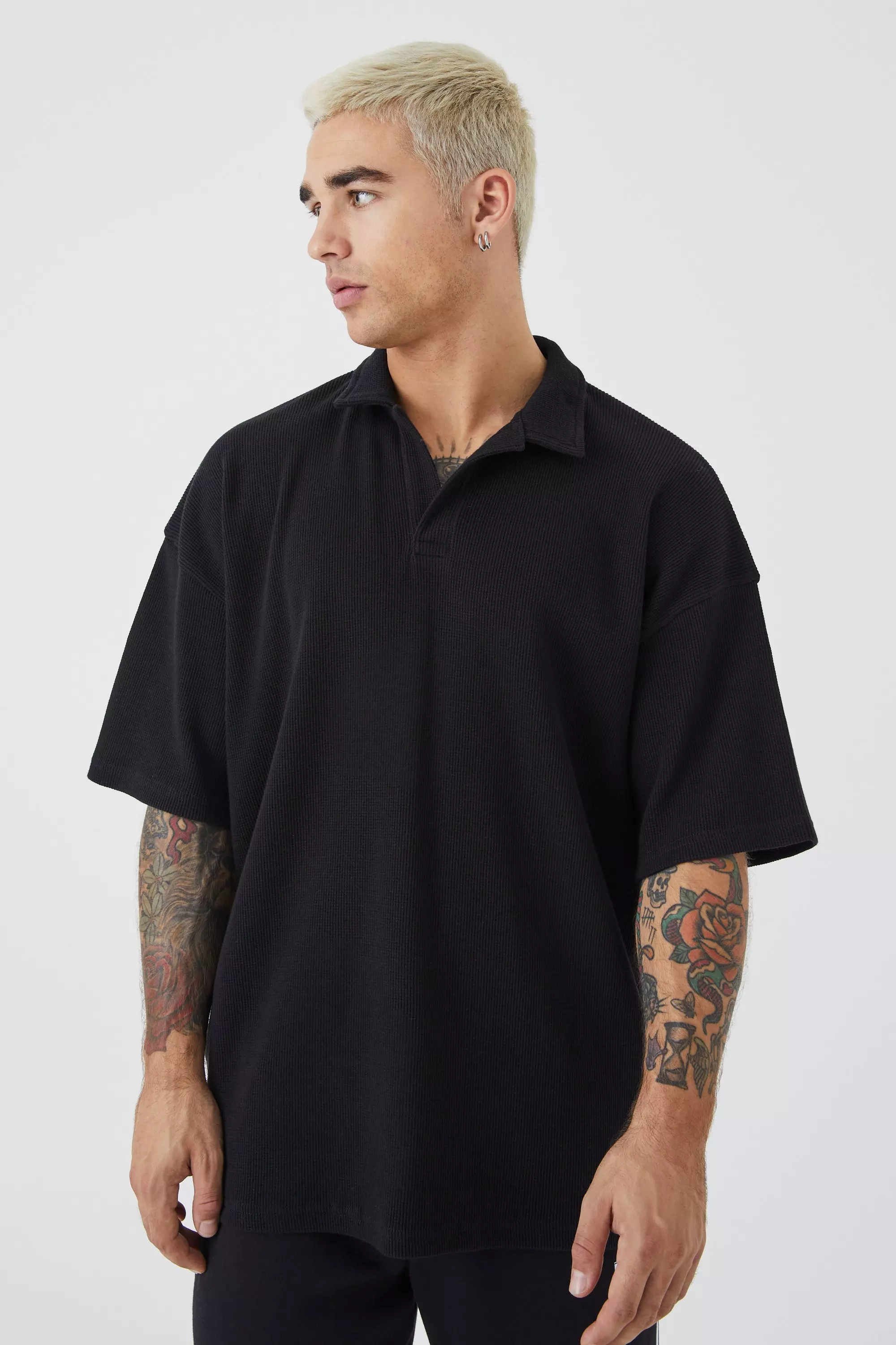 Oversized Waffle Revere Collar Polo Black