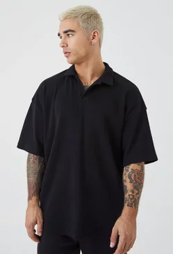 Black Oversized Revere Collar Short Sleeve Polo