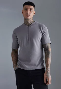 Slim Fit Waffle Bomber Neck Polo Charcoal