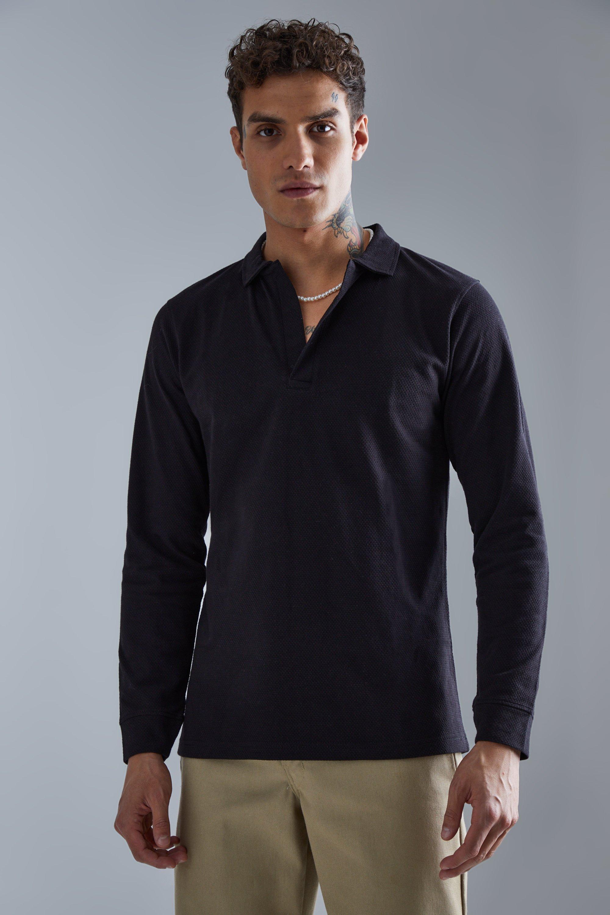 boohooMAN Collarless Slim Fit Zip Polo