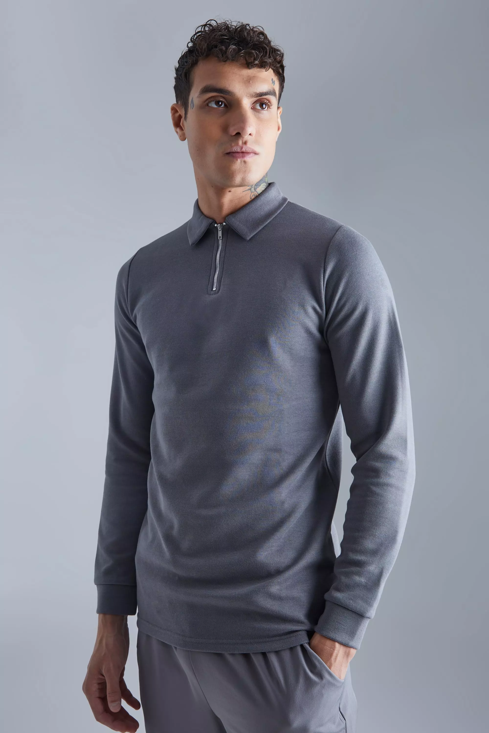 Slim Interlock Long Sleeved Polo Charcoal