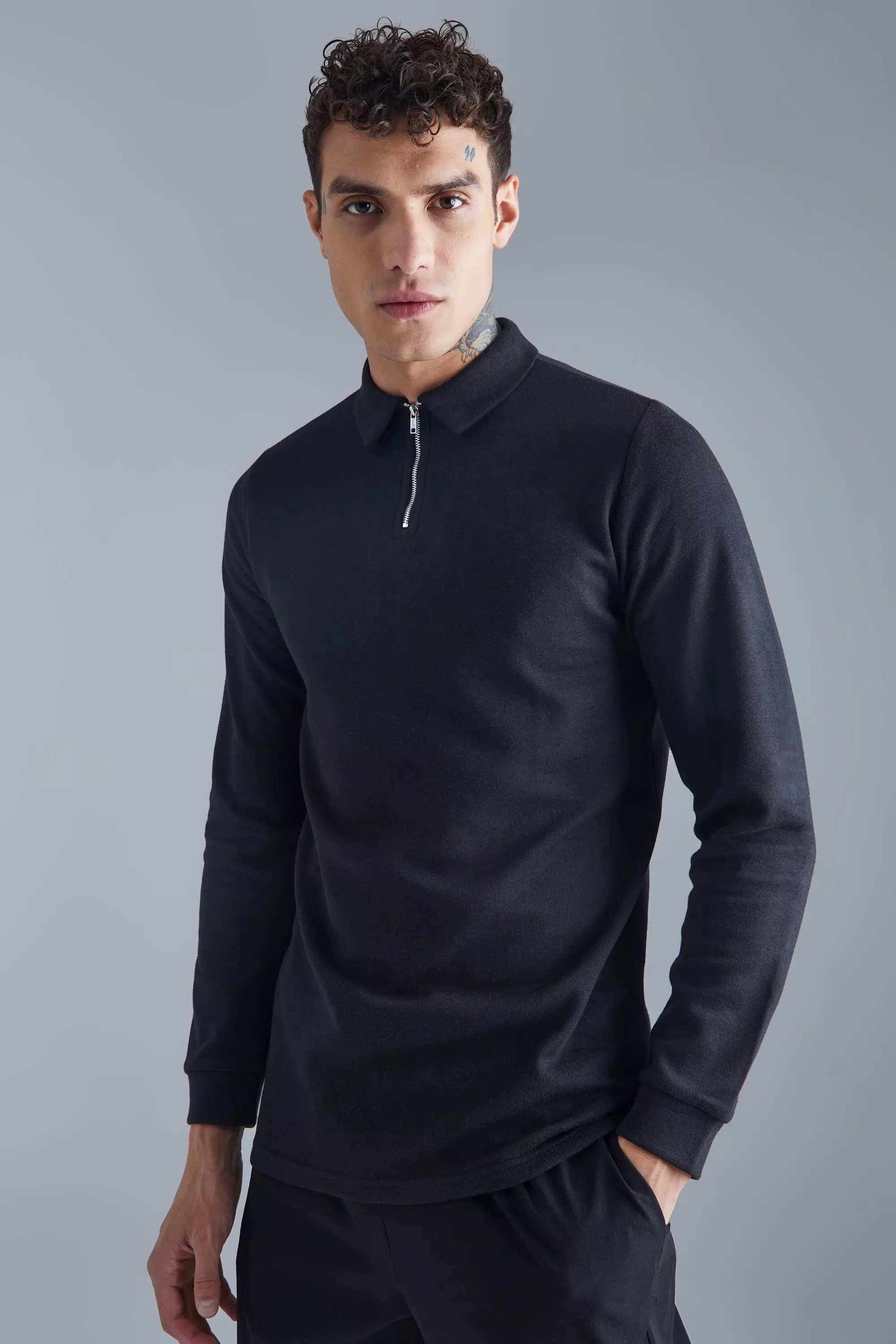 Slim Interlock Long Sleeved Polo Black