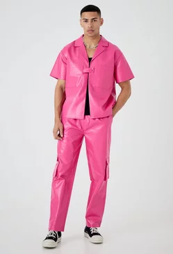 Short Sleeve Boxy Revere Button Pu Shirt & Trouser Set Pink