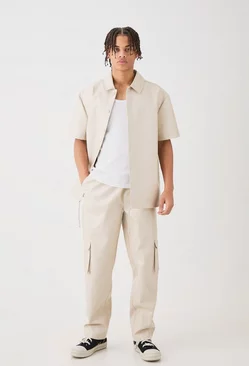 Short Sleeve Drop Shoulder Pu Overshirt & Cargo Trouser Set Beige