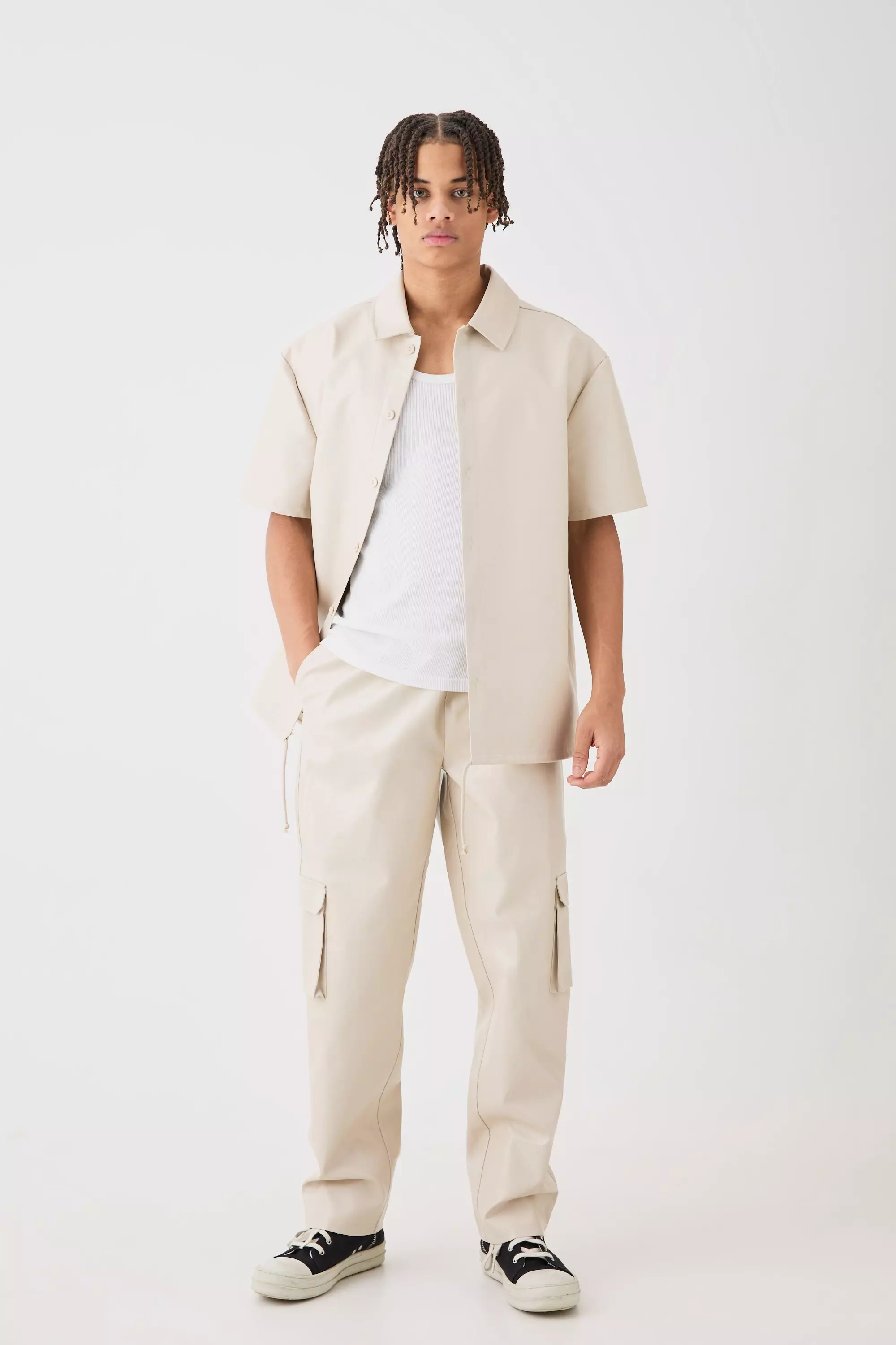 Short Sleeve Drop Shoulder Pu Overshirt & Cargo Trouser Set Beige