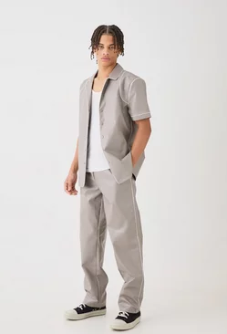 Short Sleeve Revere Piped Pu Shirt & Trouser Set Grey