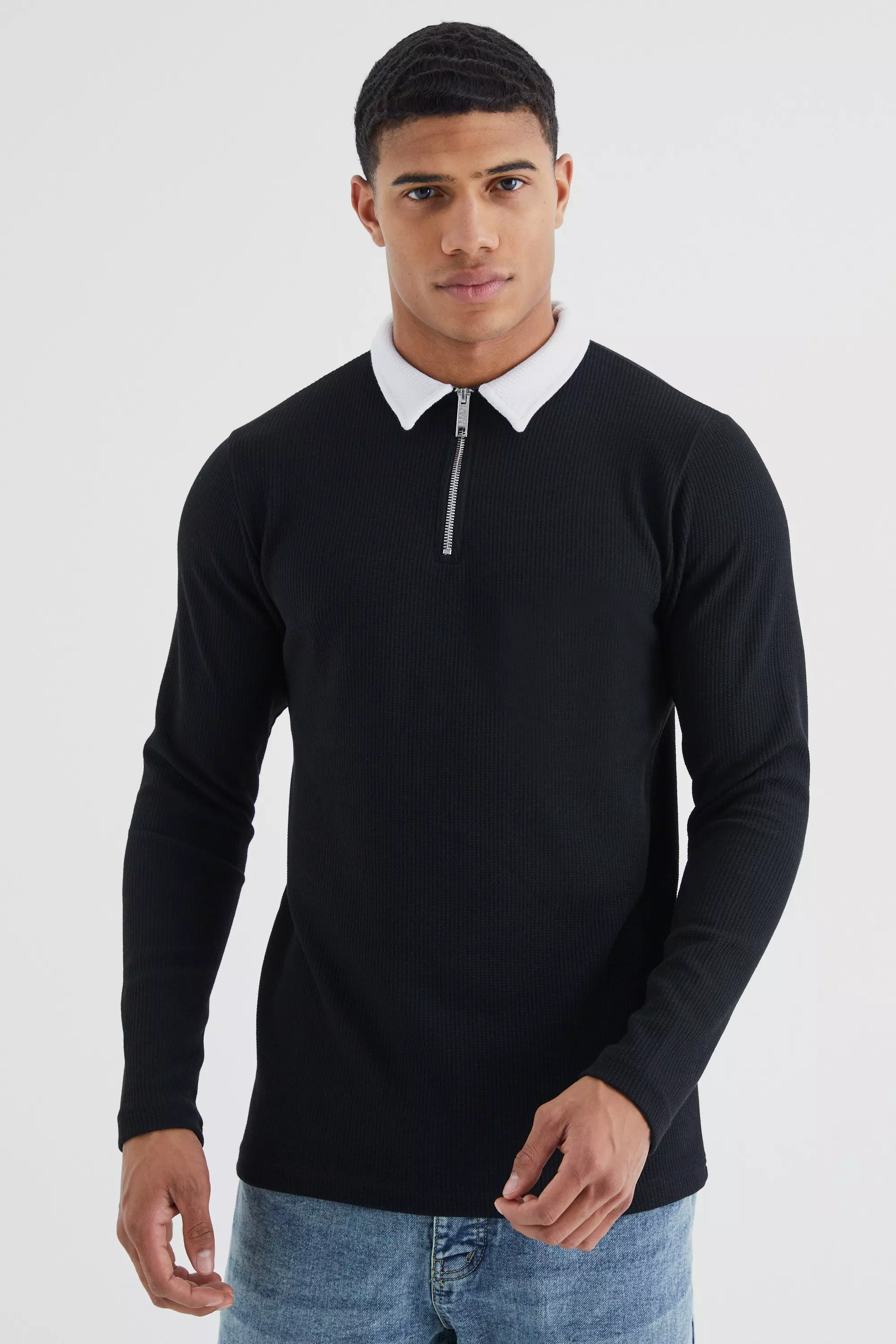 Black Long Sleeve Slim Fit Waffle Polo