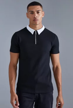 Short Sleeve Muscle Fit Waffle Polo Black