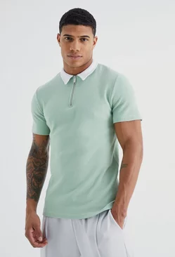 Sage Green Short Sleeve Muscle Fit Waffle Polo