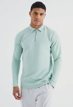 Long Sleeve Slim Cable Textured Polo Sage