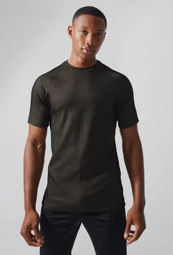 Khaki Active Muscle Fit Ribbed Raglan T-shirt