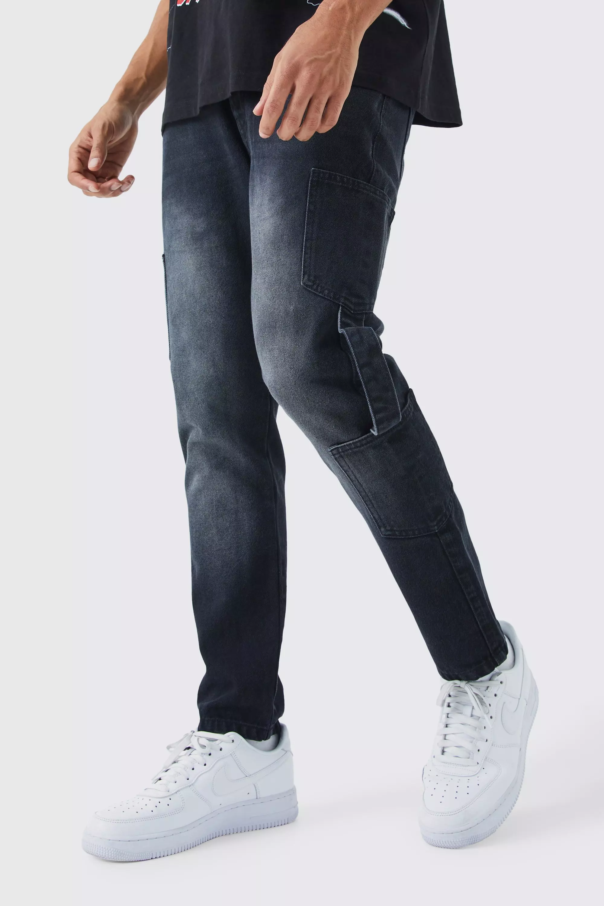 Ash Grey Tapered Rigid Ripped Cargo Strap Jean