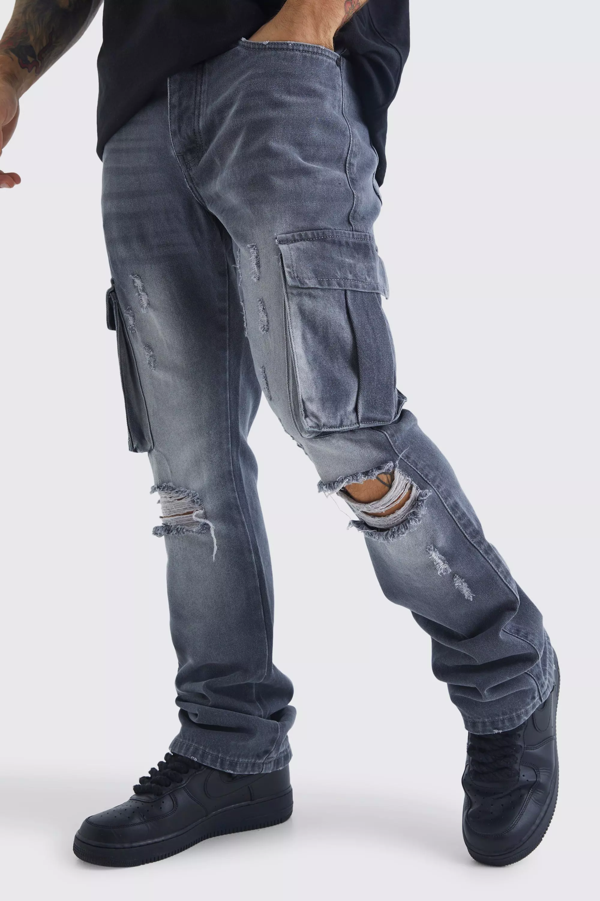 Grey Slim Flare Rigid Ripped Cargo Pocket Jean