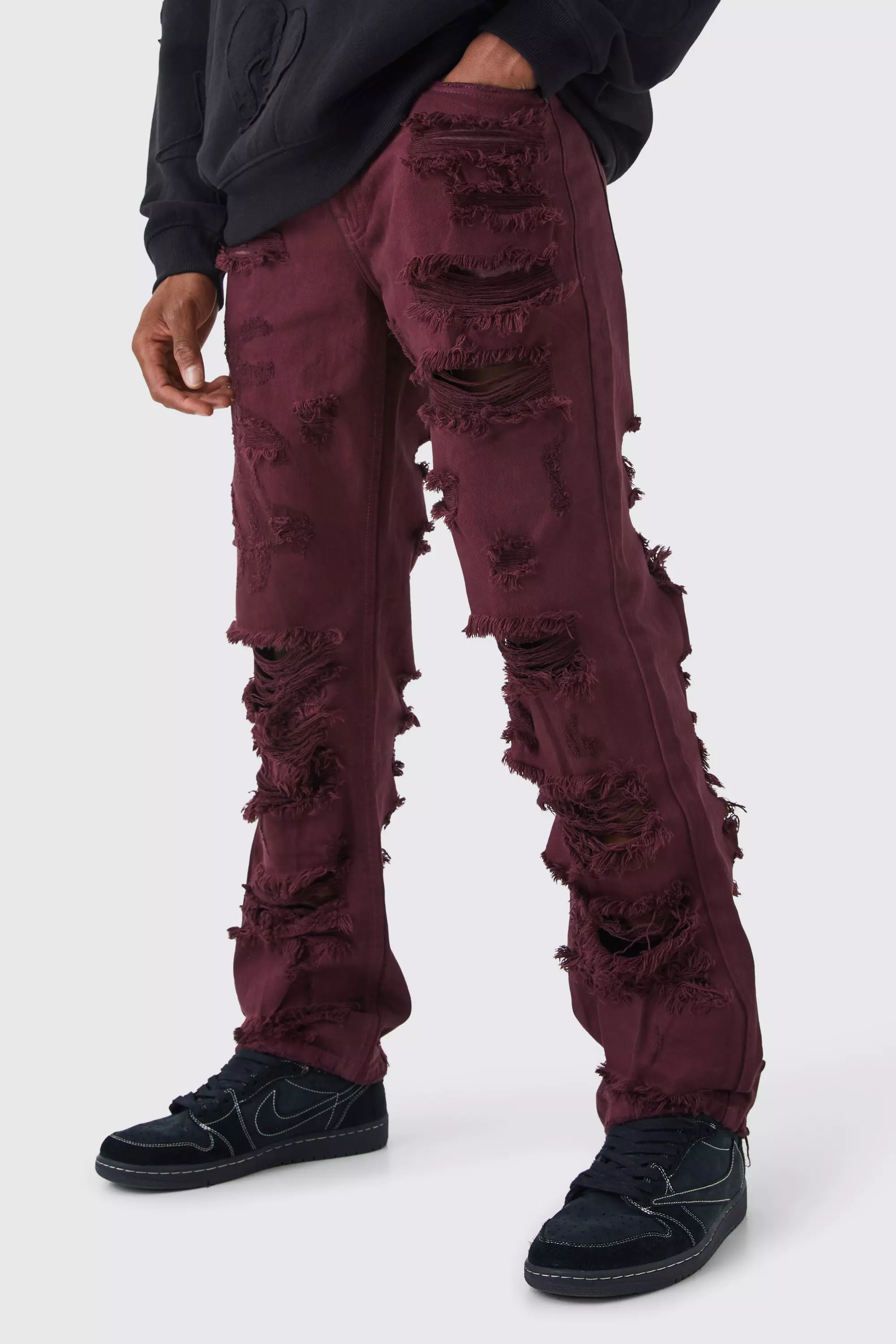 Relaxed Rigid Extreme Ripped Jean Burgundy