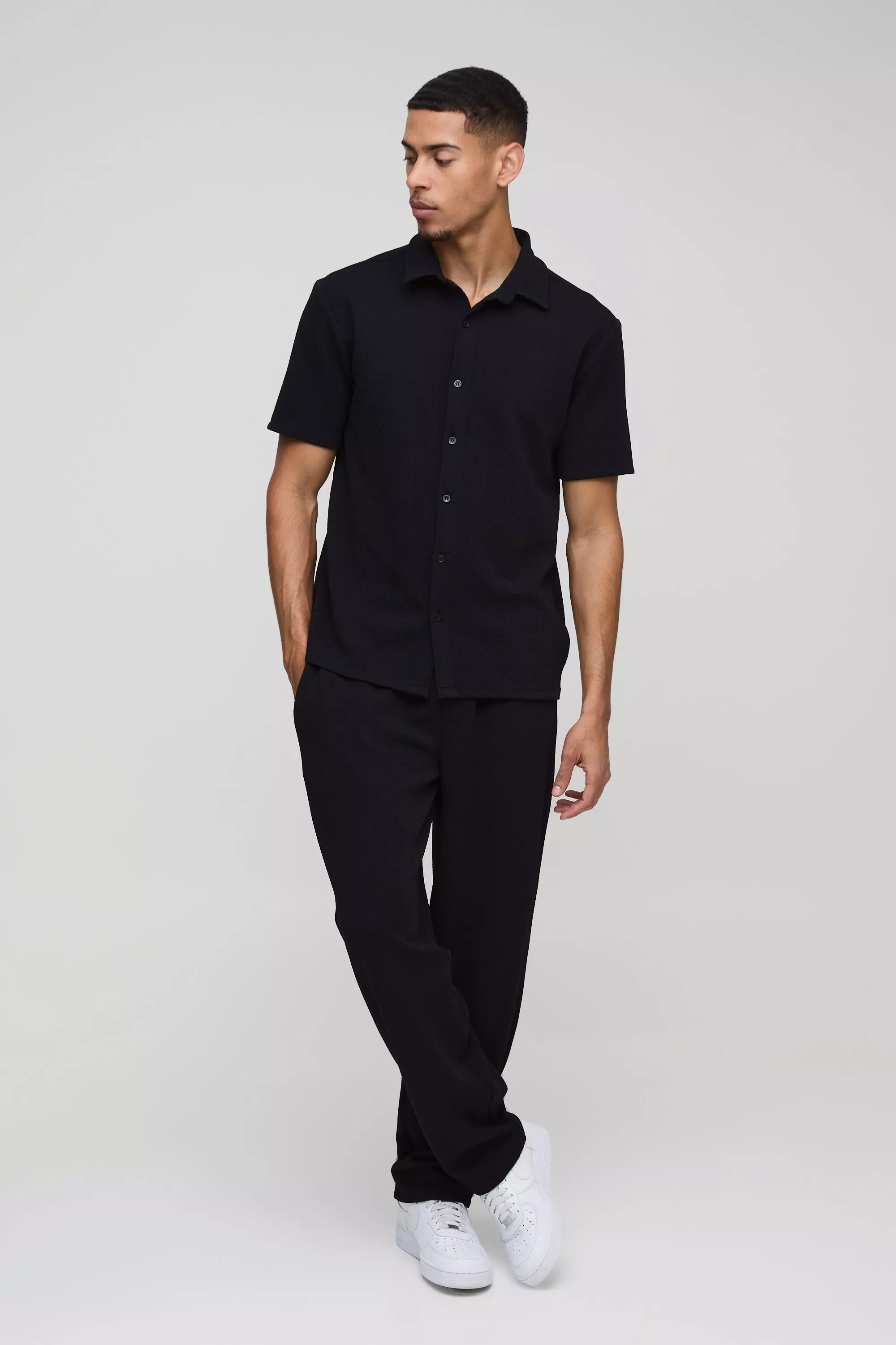 Short Sleeve Jersey Herringbone Shirt And Pants Set | boohooMAN USA