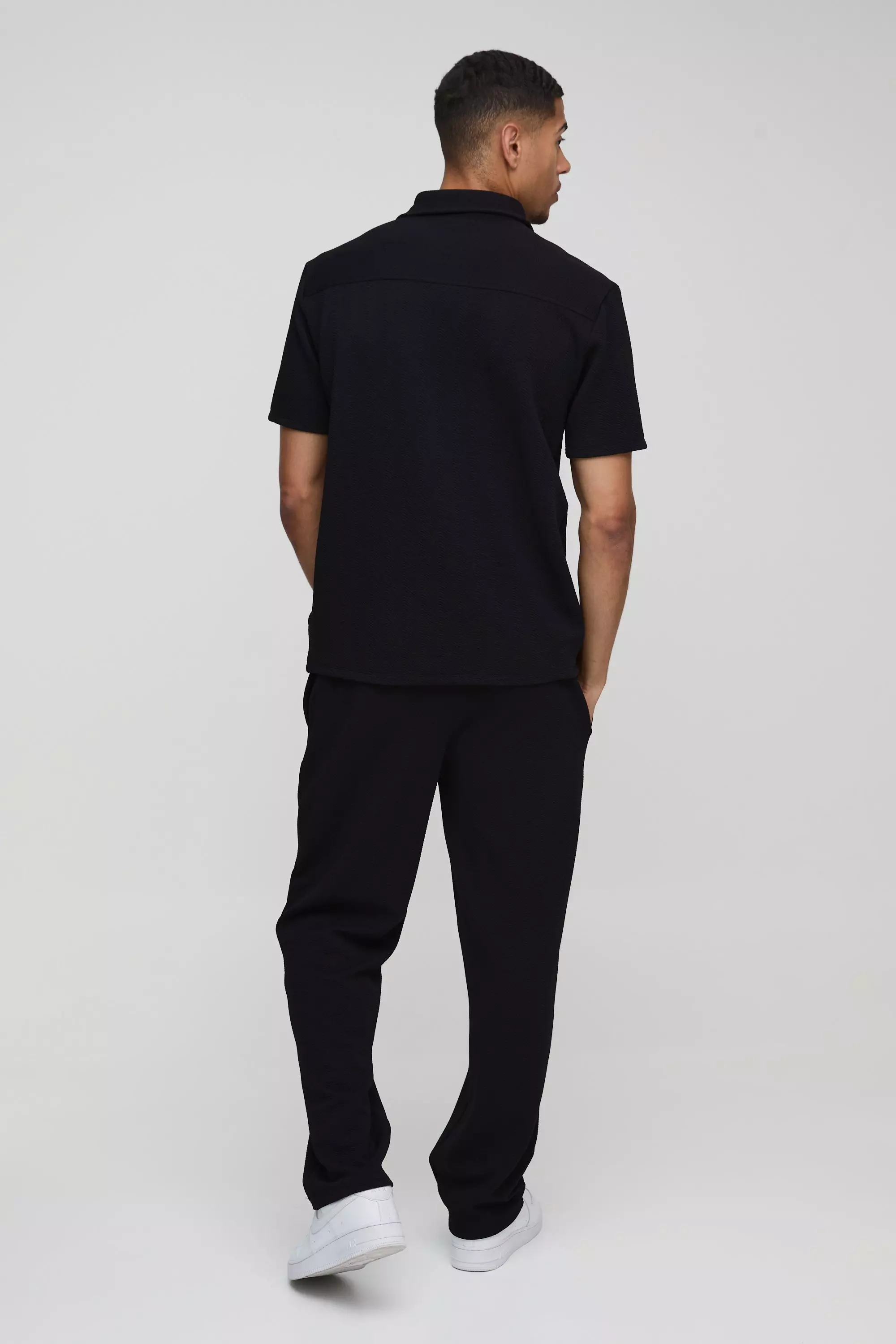 Short Sleeve Jersey Herringbone Shirt And Pants Set | boohooMAN USA