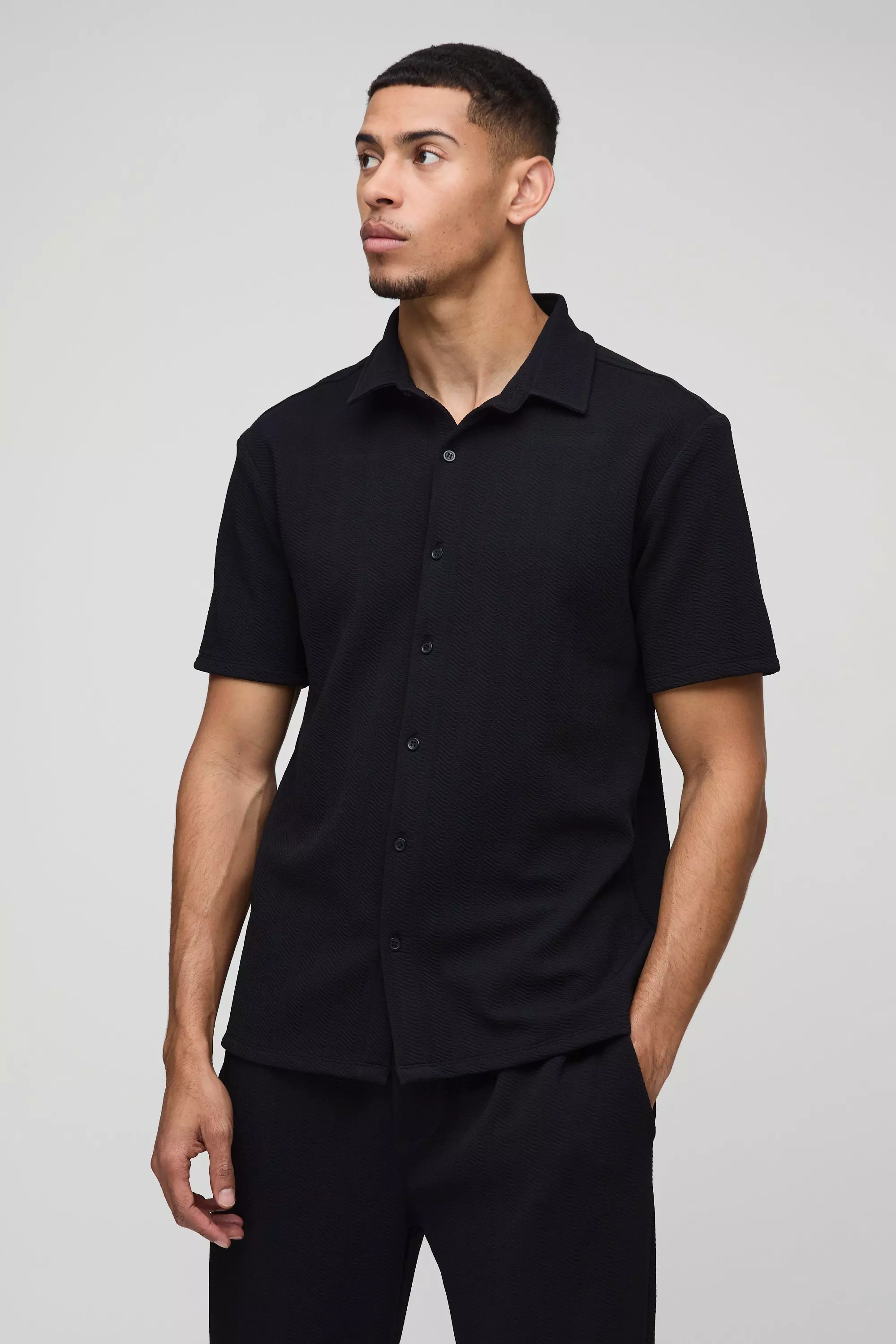Short Sleeve Jersey Herringbone Shirt And Pants Set | boohooMAN USA