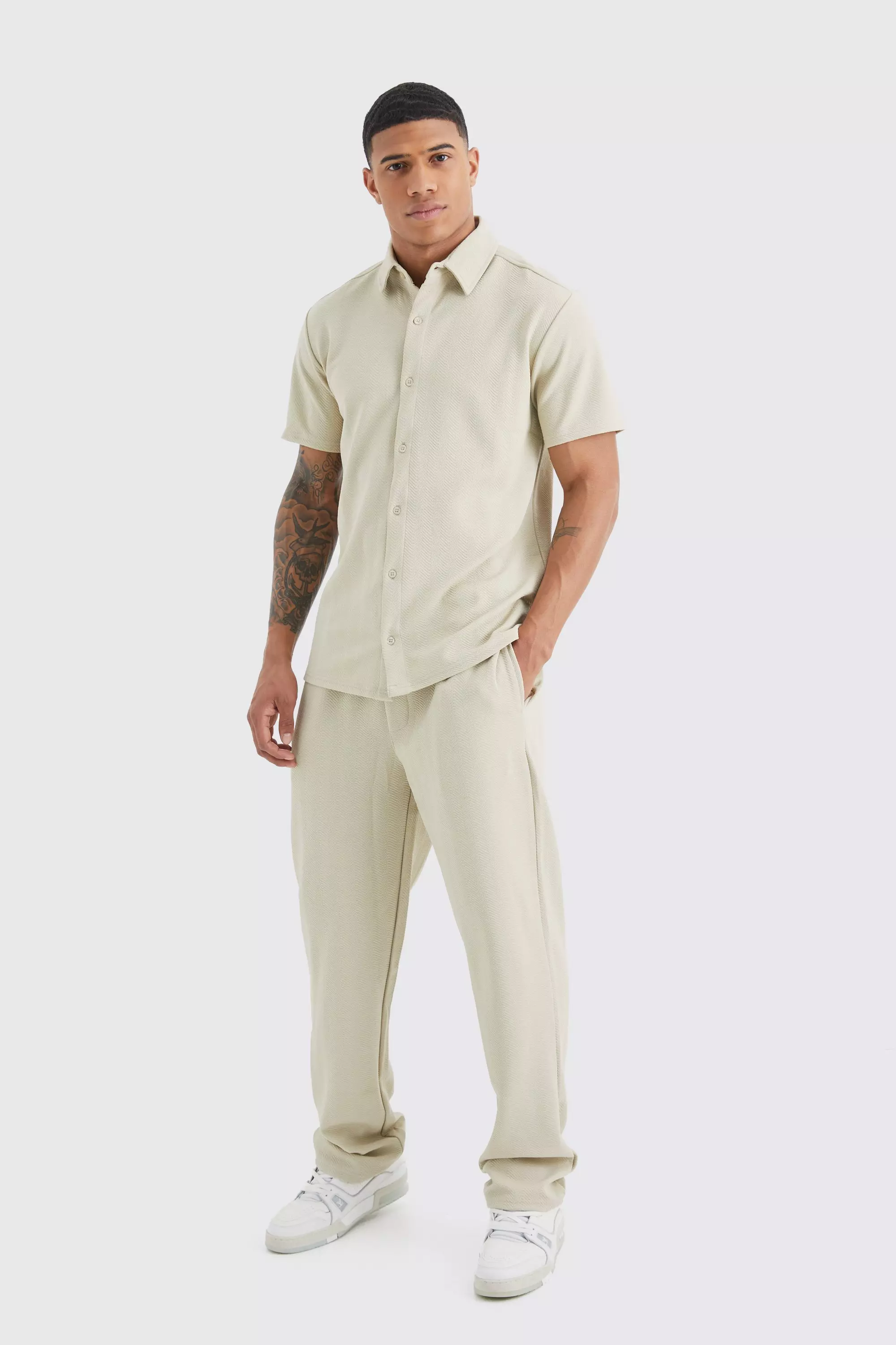Stone Beige Short Sleeve Jersey Herringbone Shirt And Pants Set