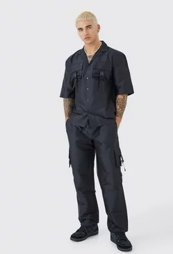 Short Sleeve Revere Utility Shirt & Cargo Pants Set Black
