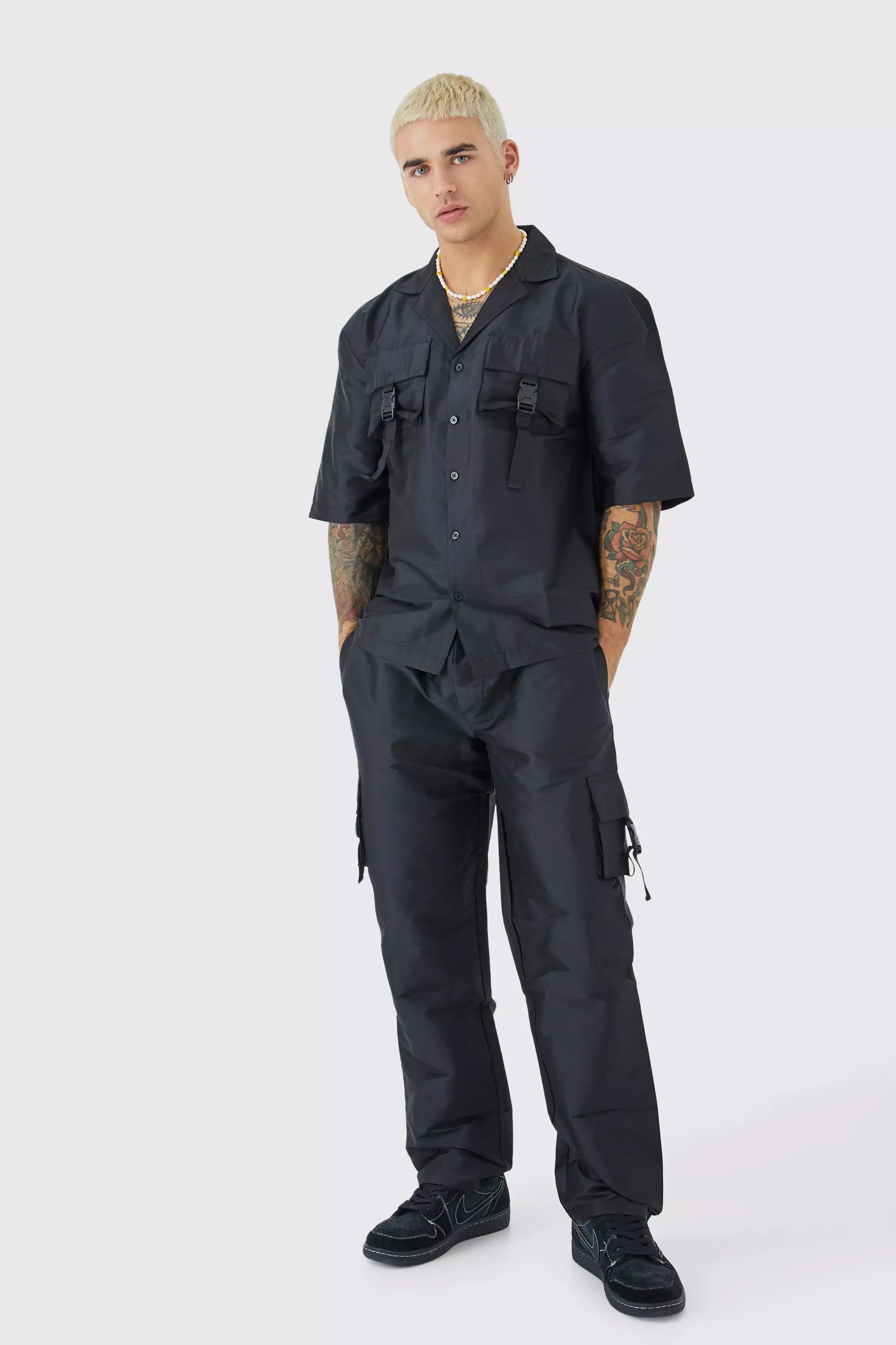 Black Short Sleeve Revere Utility Shirt & Cargo Pants Set