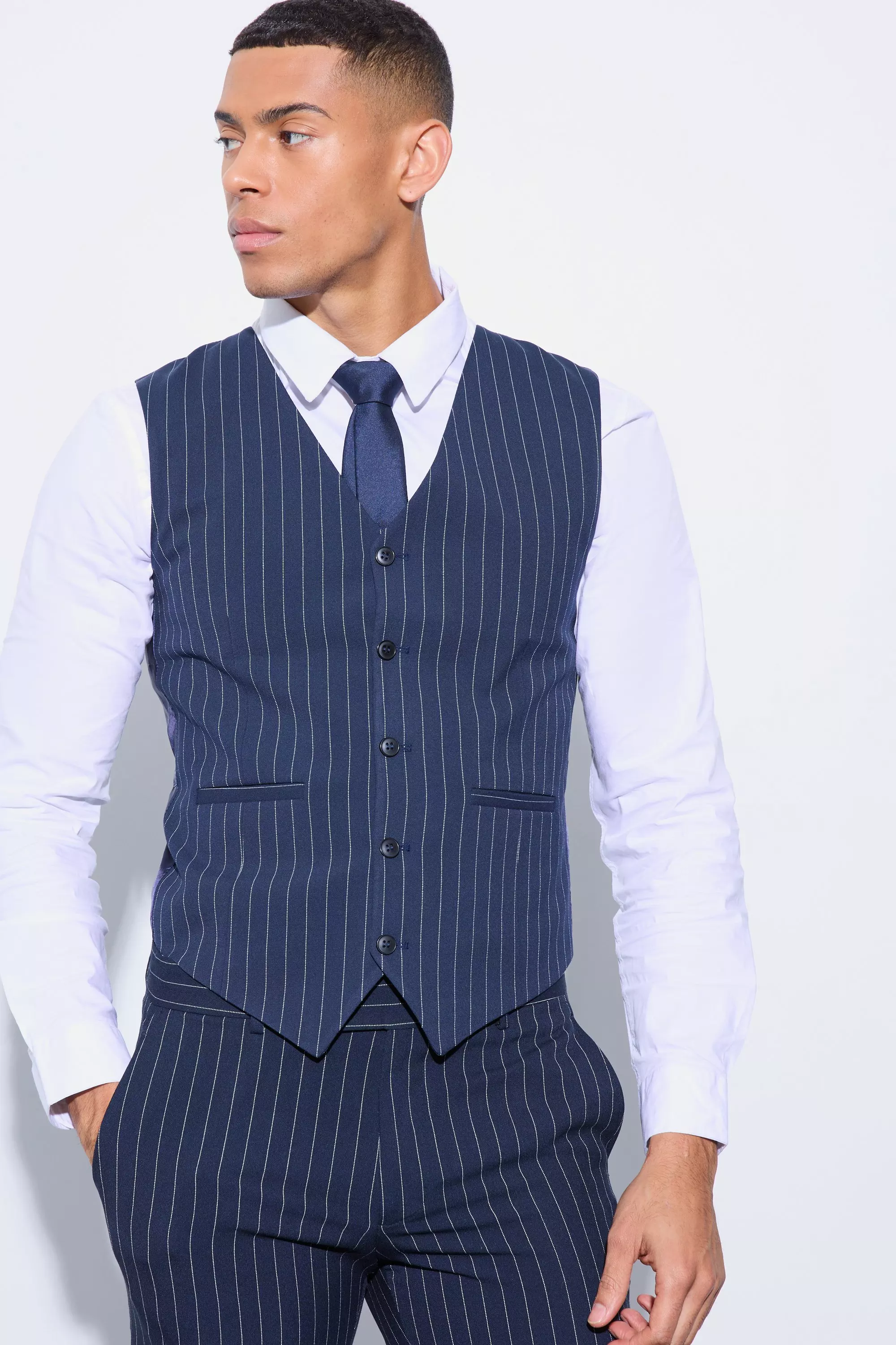 Navy Skinny Fit Pinstripe Waistcoat