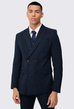 Navy Skinny Fit Pinstripe Double Breasted Blazer