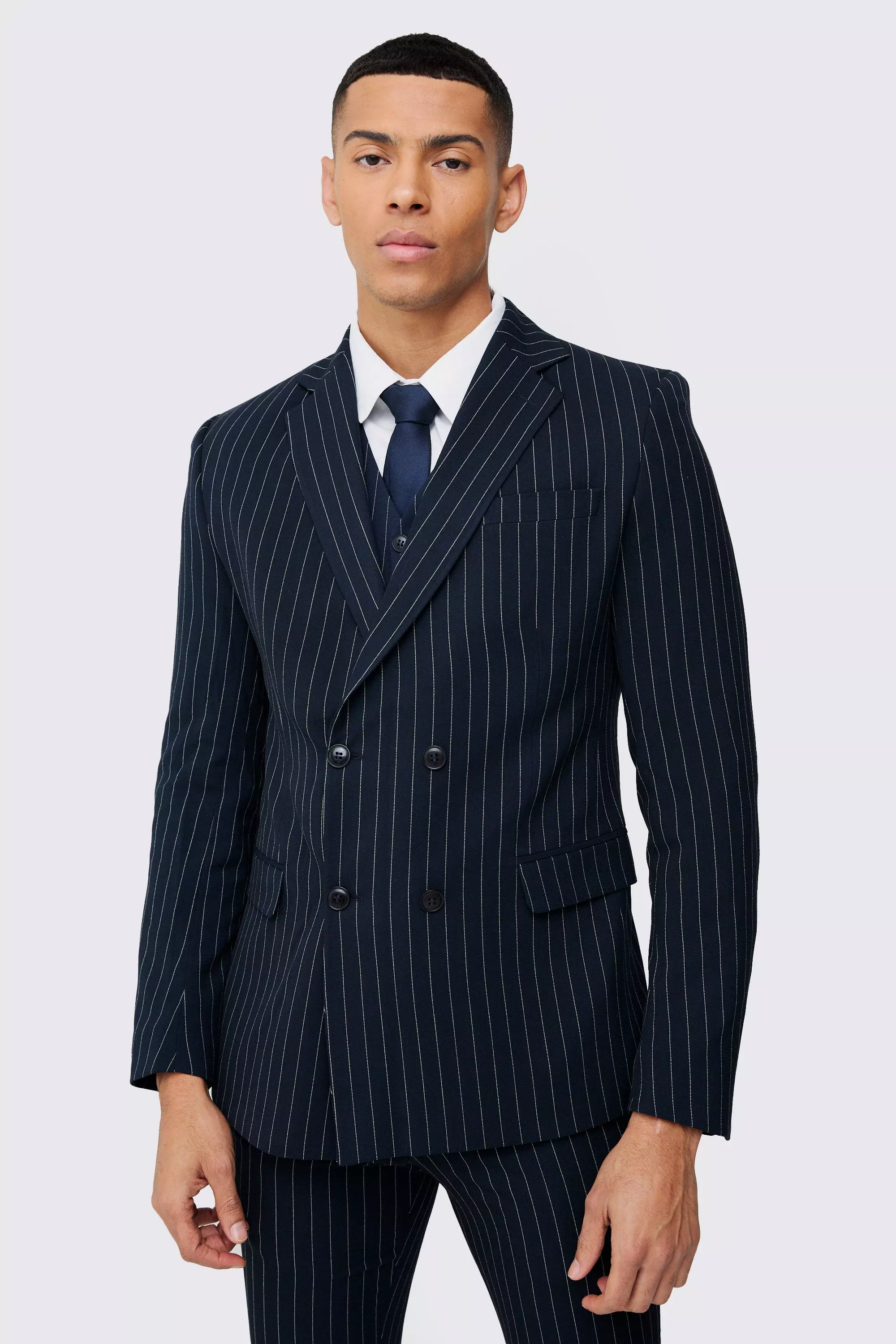 Skinny Fit Pinstripe Double Breasted Blazer Navy
