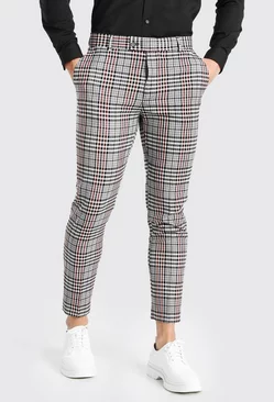 Skinny Fit Grey Check Cropped Suit Trousers Grey