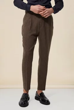 Brown Tapered Fit Herringbone Suit Pants