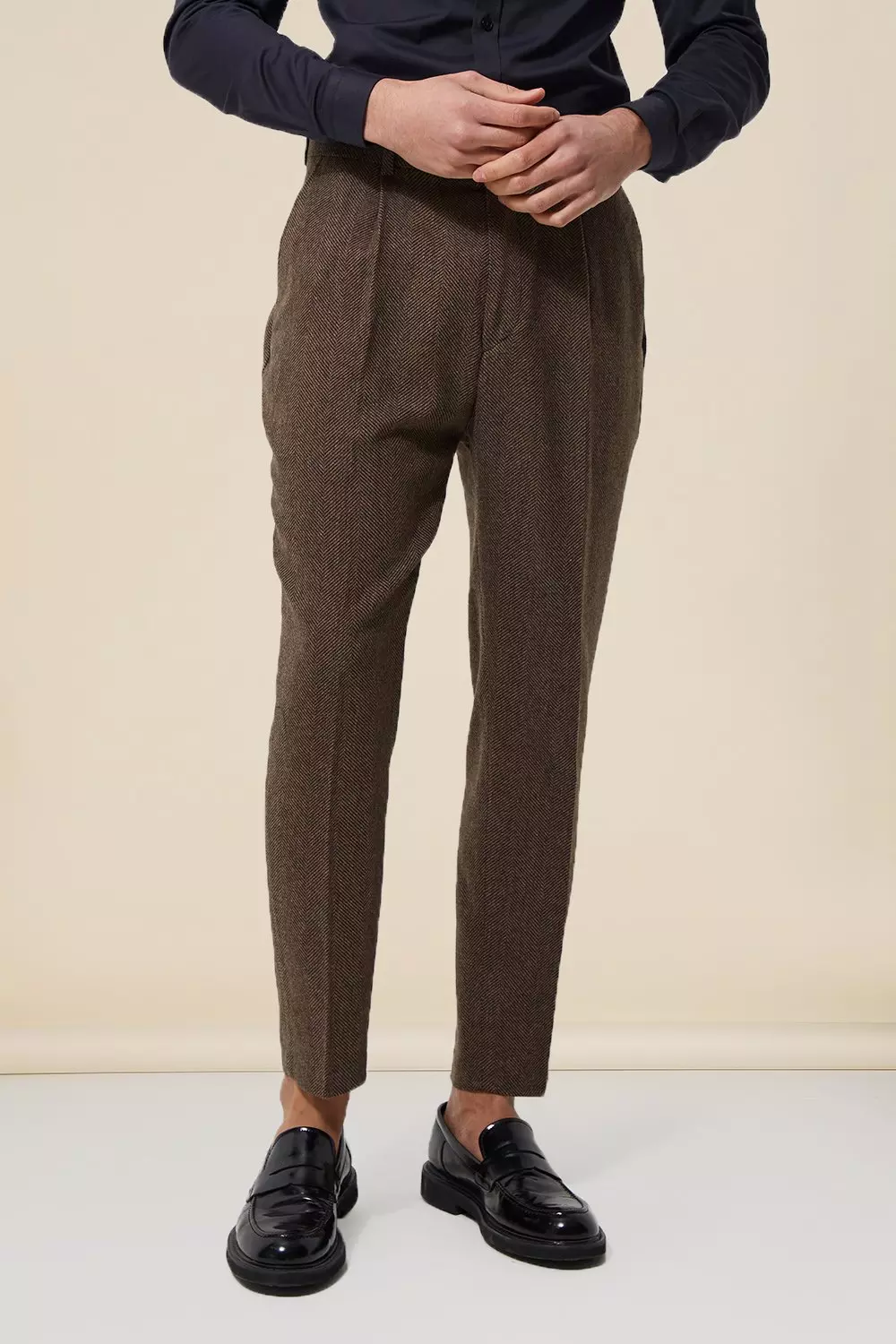 Tapered Fit Herringbone Suit Pants Brown