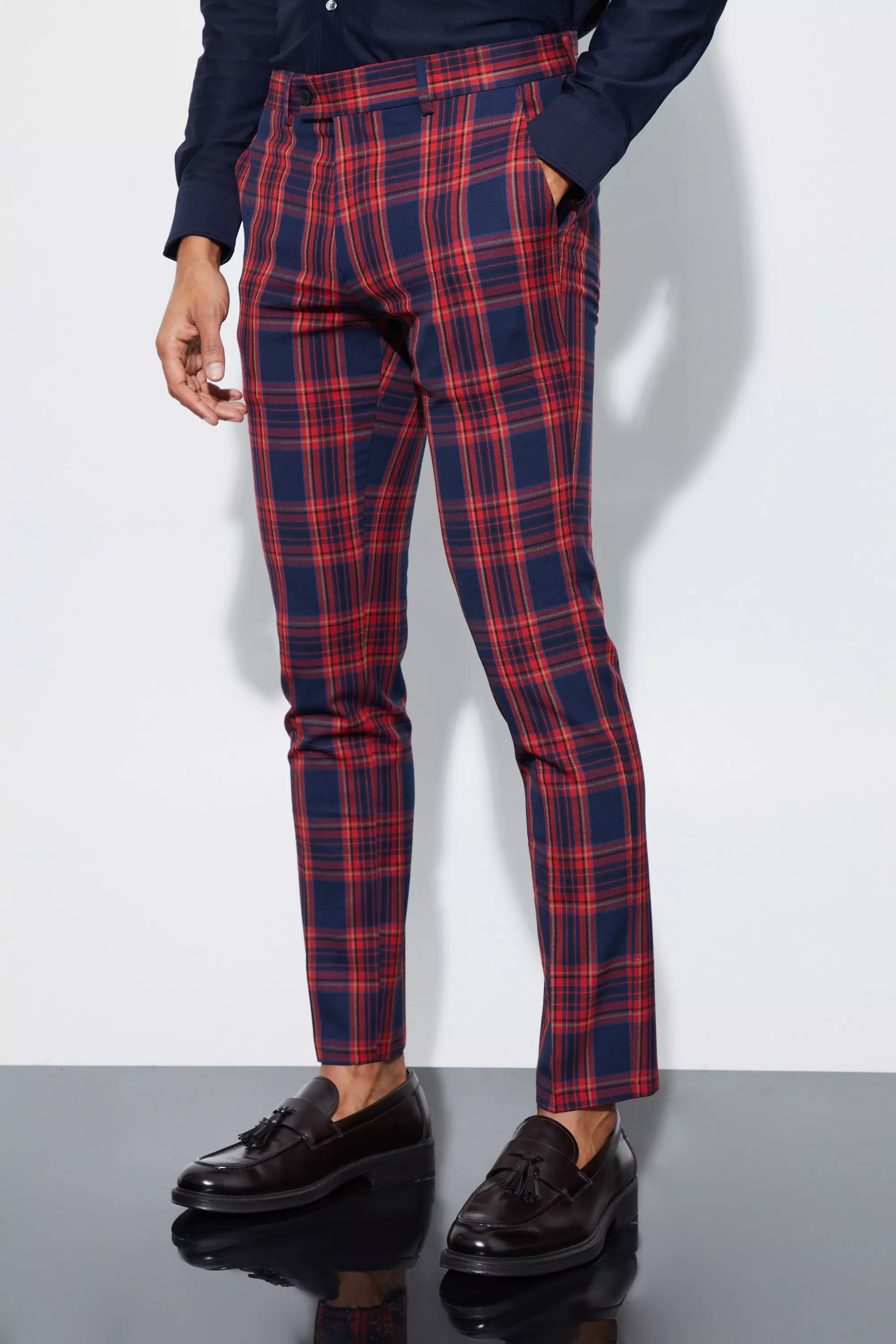 Navy Skinny Fit Tartan Suit Trousers