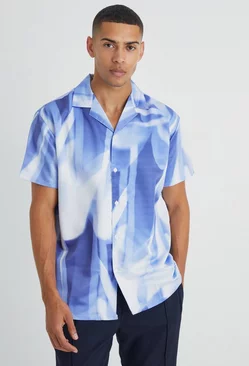 Short Sleeve Oversized Satin Abstract Shirt Lilac