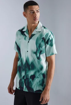Short Sleeve Oversized Satin Inverted Shirt Green