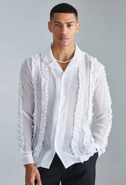 Long Sleeve Sheer Ruffle Shirt White