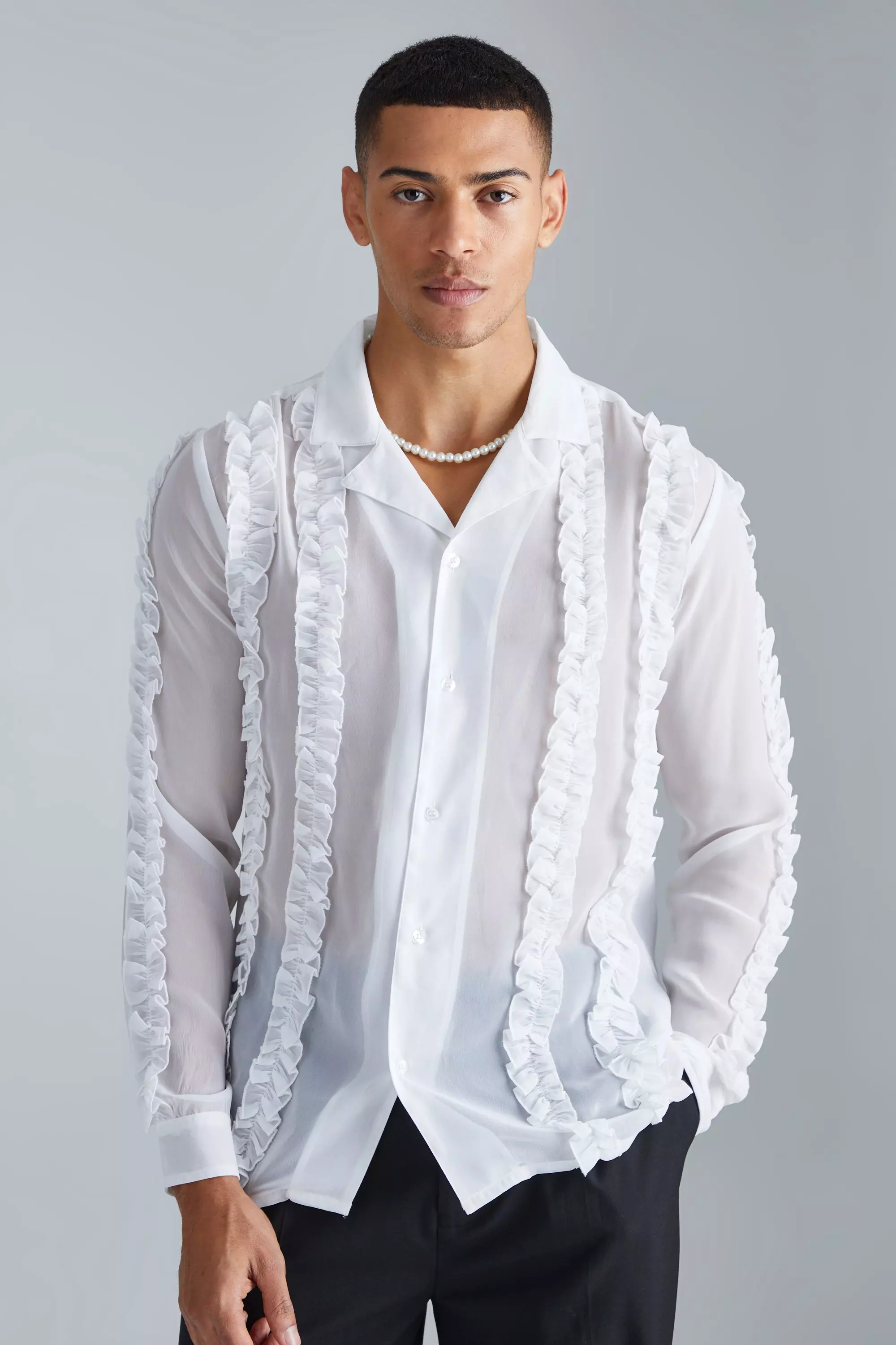 Long Sleeve Sheer Ruffle Shirt White