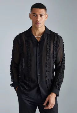 Black Long Sleeve Sheer Ruffle Shirt