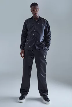 Long Sleeve Embellished Satin Shirt And Trouser Set Black