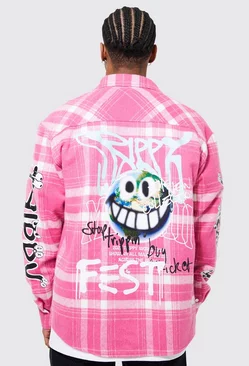 Pink Oversized Trippy Printed Flannel Shirt