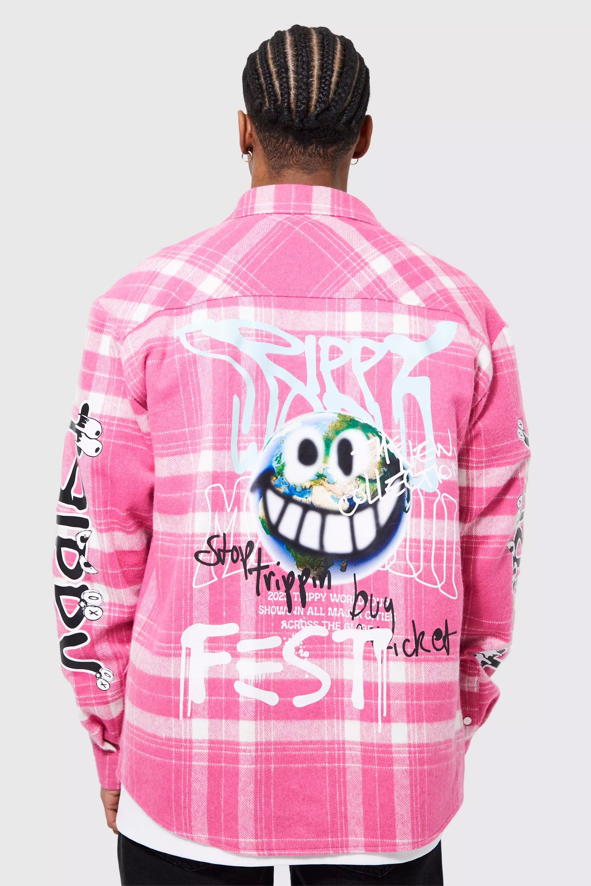 Oversized Trippy Printed Flannel Shirt Pink