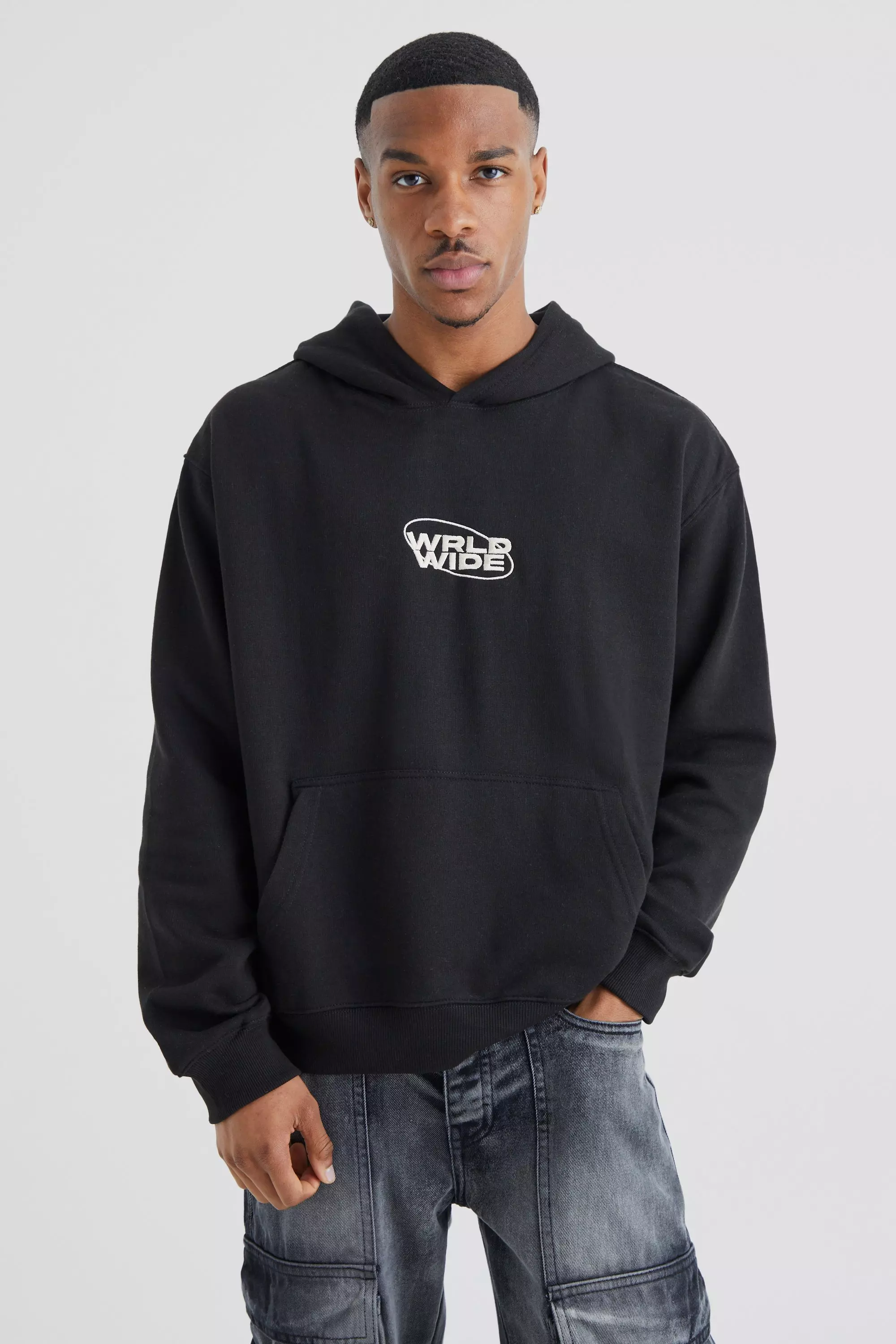 Black World Wide Oversized Boxy Hoodie