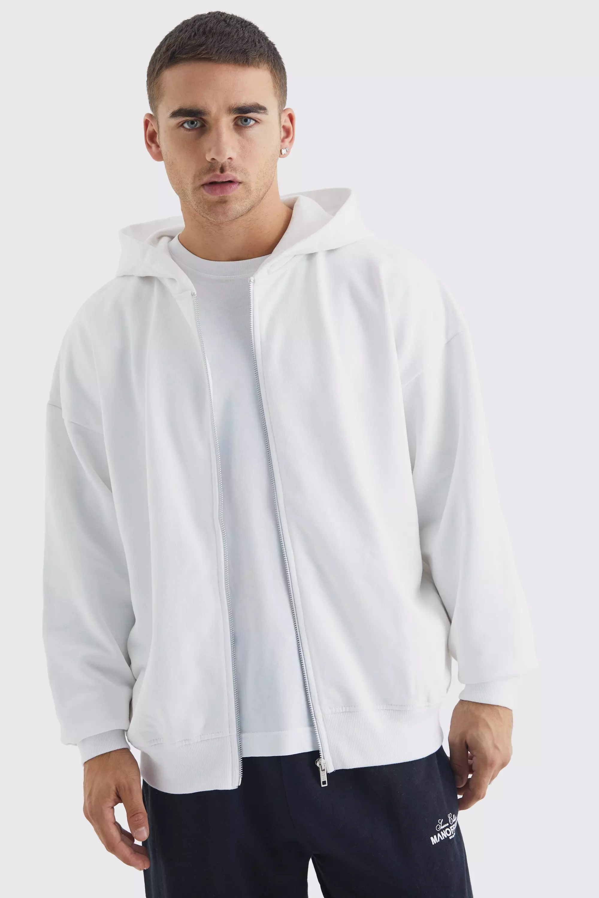 White Oversized Heavyweight Zip Through Hoodie