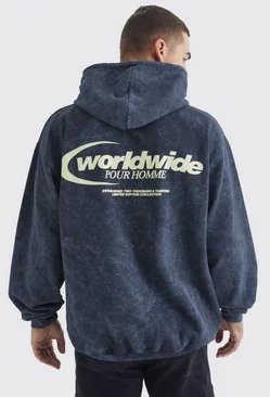 Oversized Worldwide Wash Graphic Hoodie Black