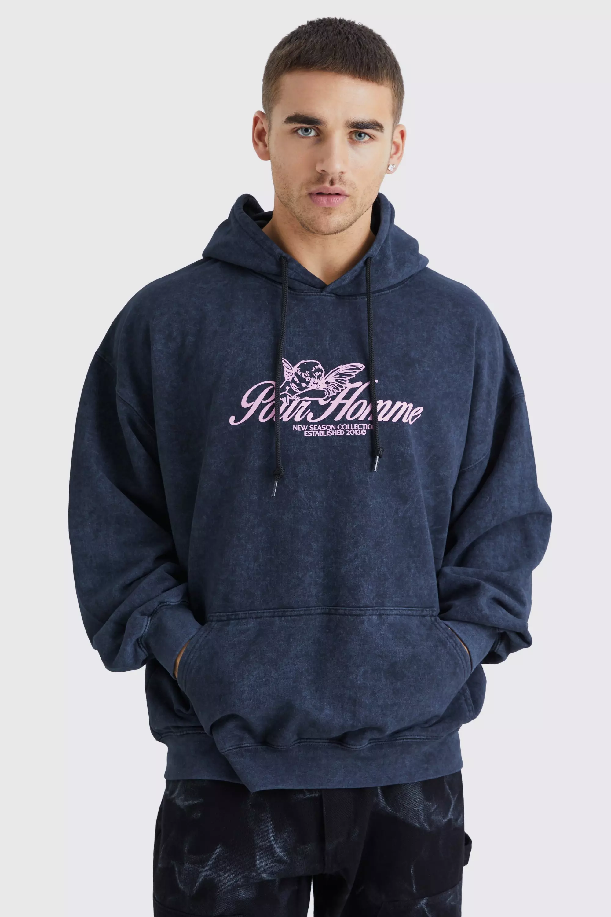 Black Oversized Pour Homme Wash Graphic Hoodie