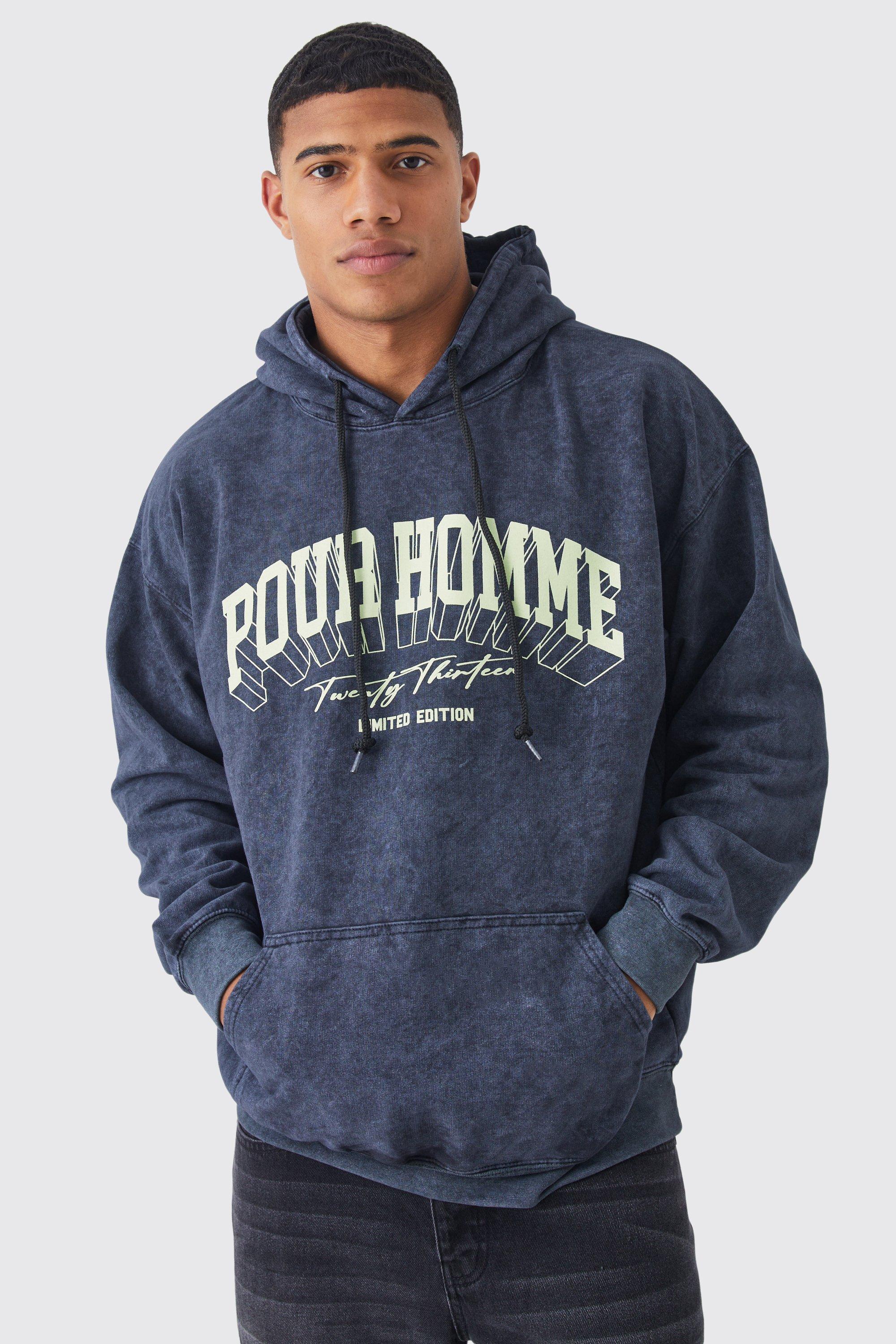 Oversized Pour Homme Wash Graphic Hoodie | boohooMAN UK