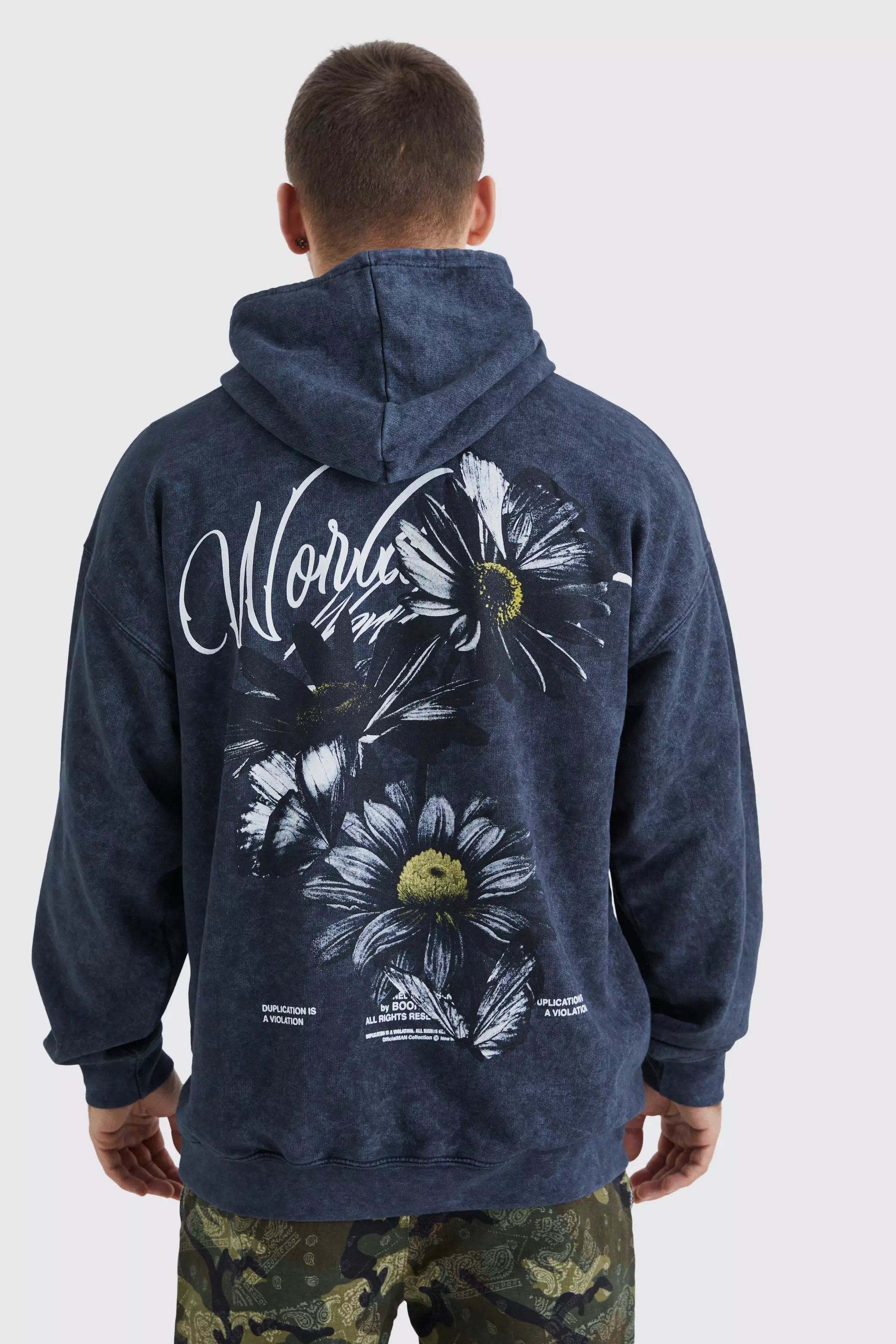 Oversized Floral Graphic Wash Hoodie Black
