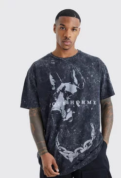 Oversized Homme Dog Graphic Wash T-shirt charcoal